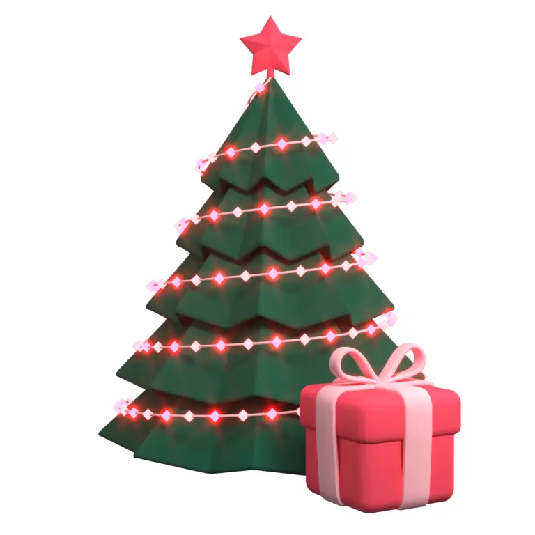 Virtual 3D Christmass tree with giftbox beneath